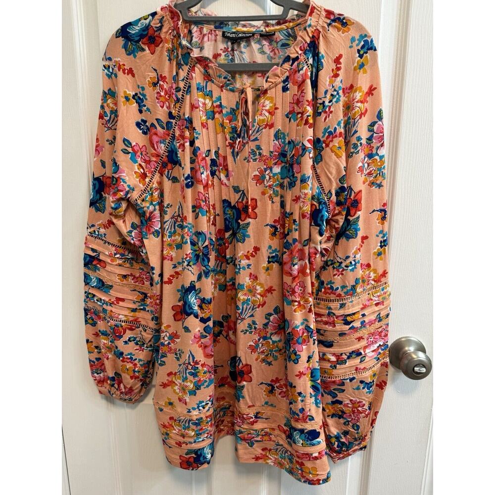 Tolani Collection L Tunic Coral Multi Floral Long Balloon Sleeve Round Tie Neck